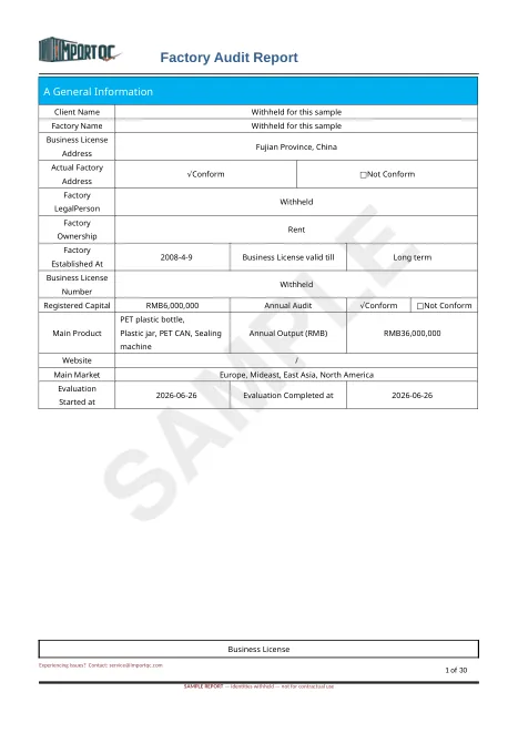 Page 1 of the PET Bottle Audit sample report