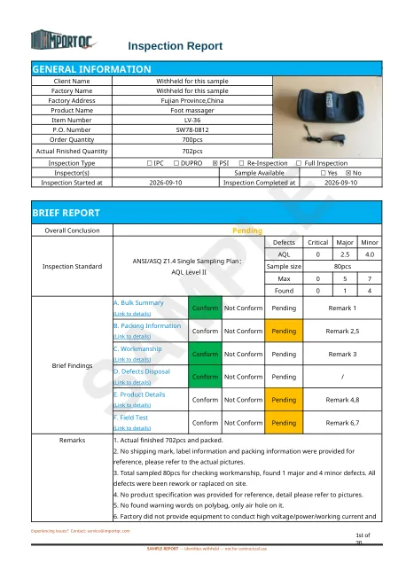 Page 1 of the Foot Massager sample report