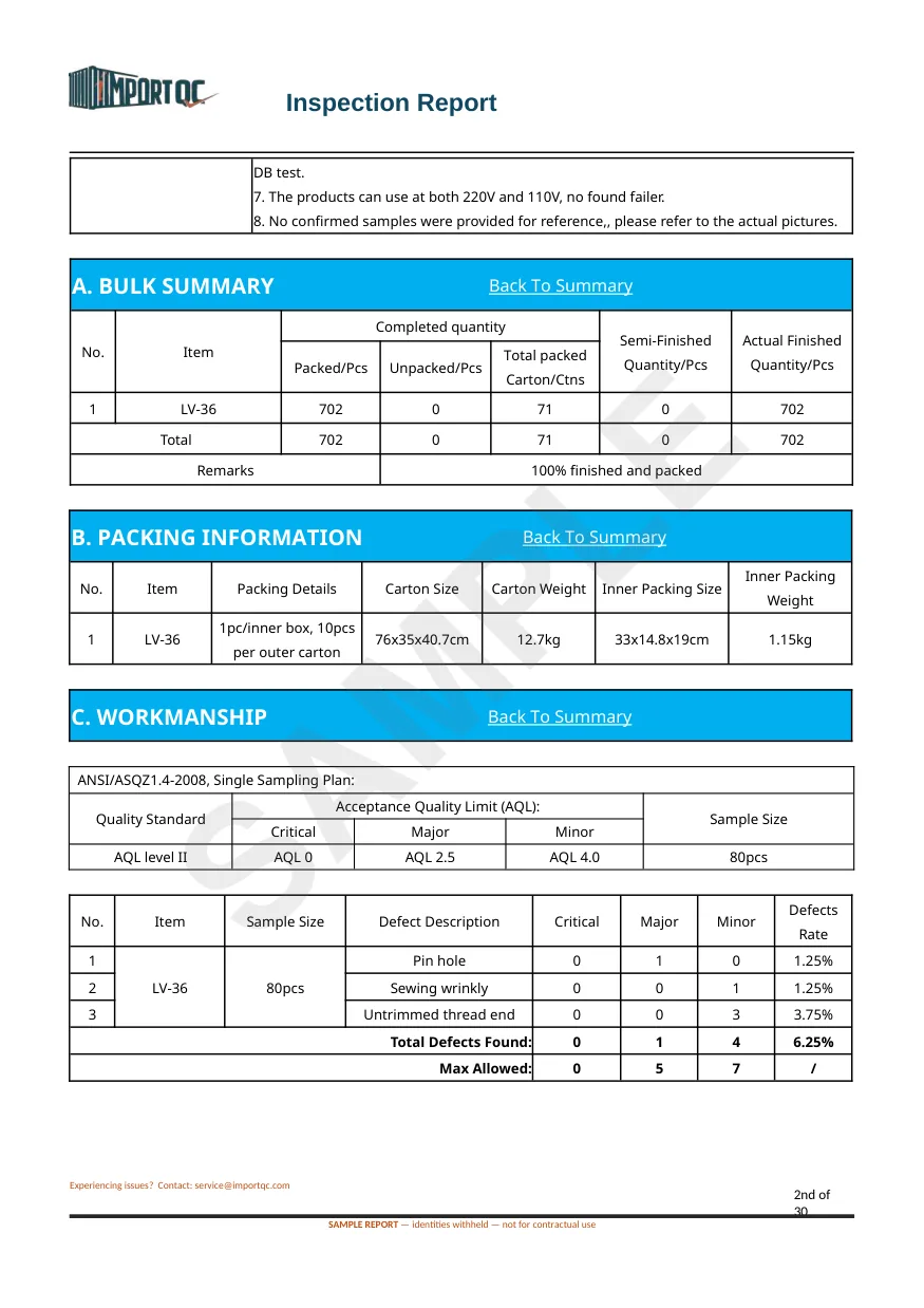 Interior page of the Foot Massager sample report