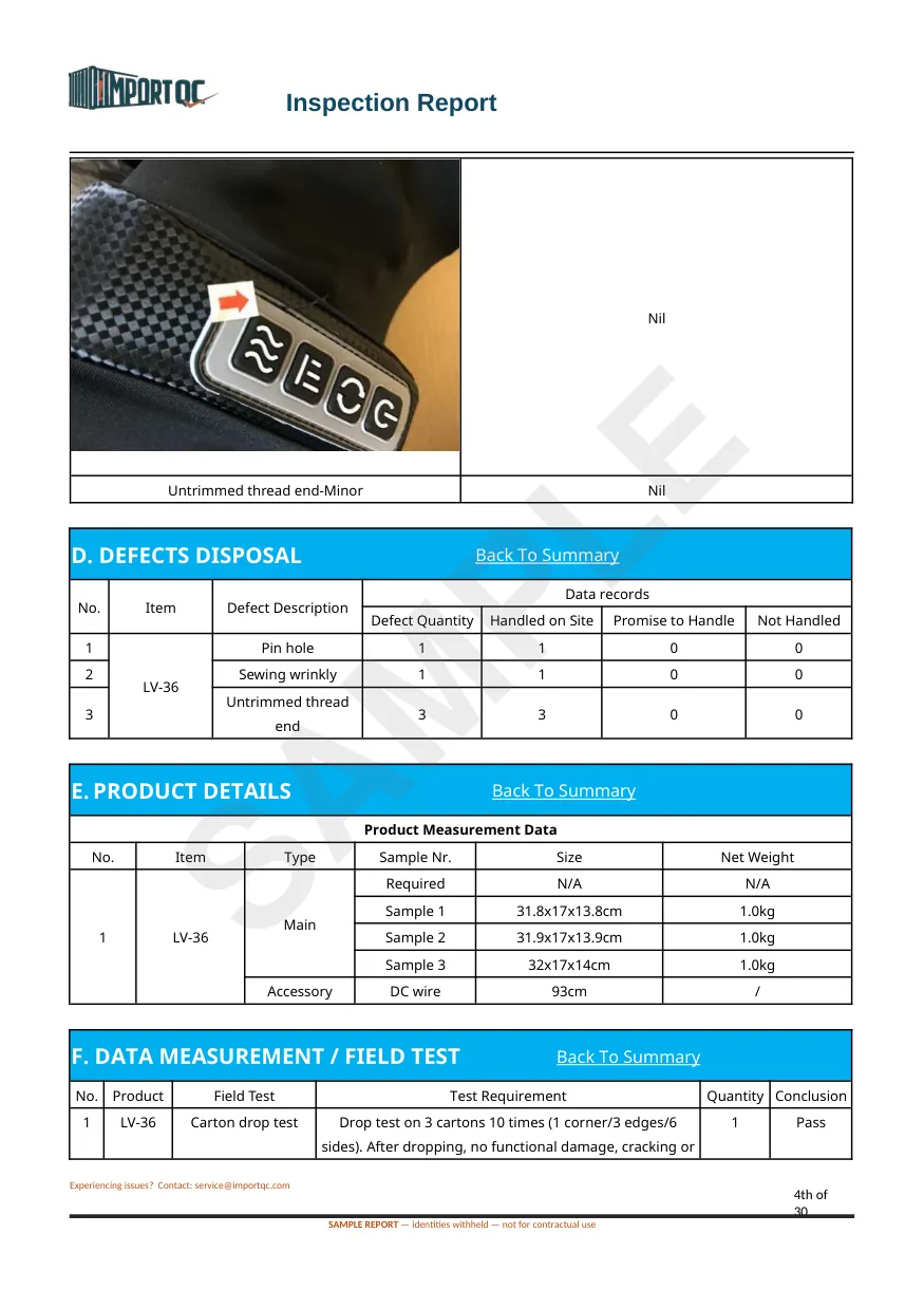 Interior page of the Foot Massager sample report