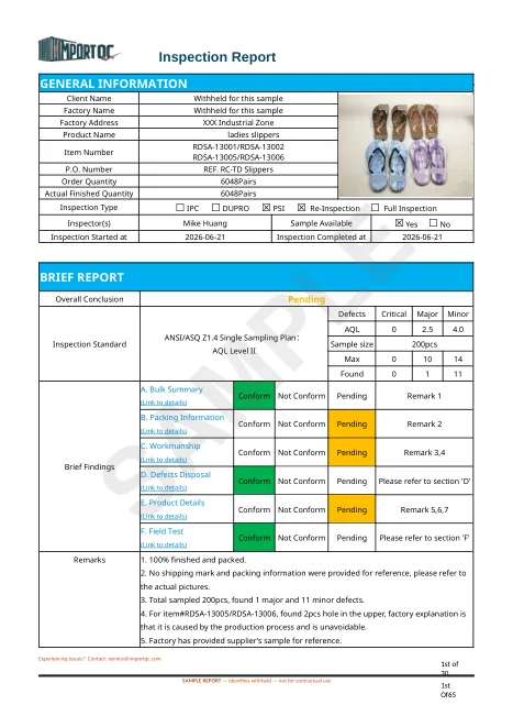 First page of the Ladies Slippers sample report