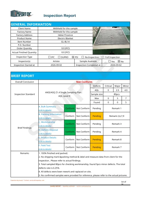 First page of the Electric Blanket sample report
