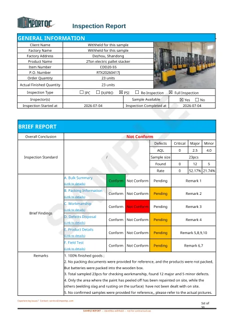 Page 1 of the Pallet Stacker sample report