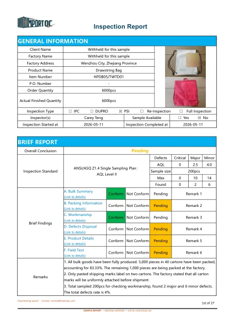 Page 1 of the Drawstring Bag sample report